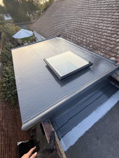 Flat roof with a skylight, surrounded by greenery and nearby structures.